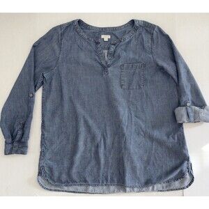 J Jill Chambray Tunic Top Women's L Blue Cotton Pullover Tunic Roll Tab Sleeves